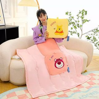 Disney Character 2-in-1 travel Pillow x Blanket - (pillow 35x38cm; blanket 120x150cm) - Winnie the Pooh Lotso Minnie Mouse Stitch Donald Duck