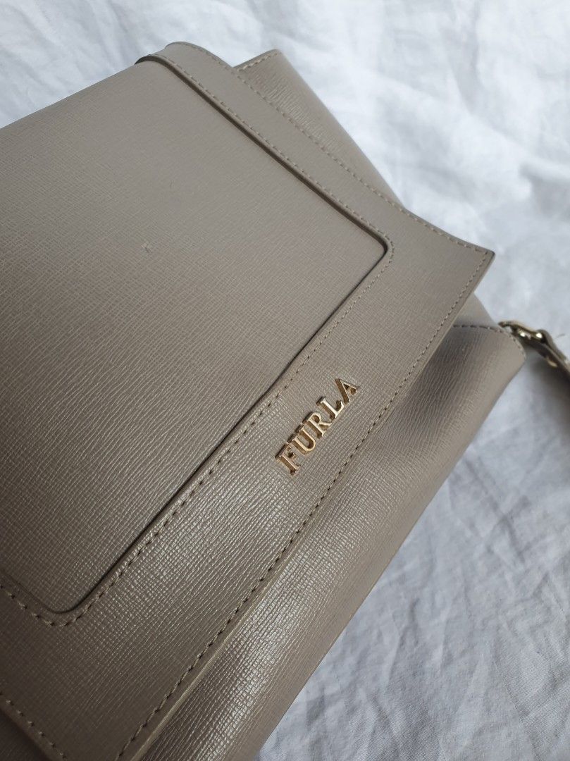 Furla Ginevra Mini Flap Saffiano Leather Crossbody Bag Taupe Chain