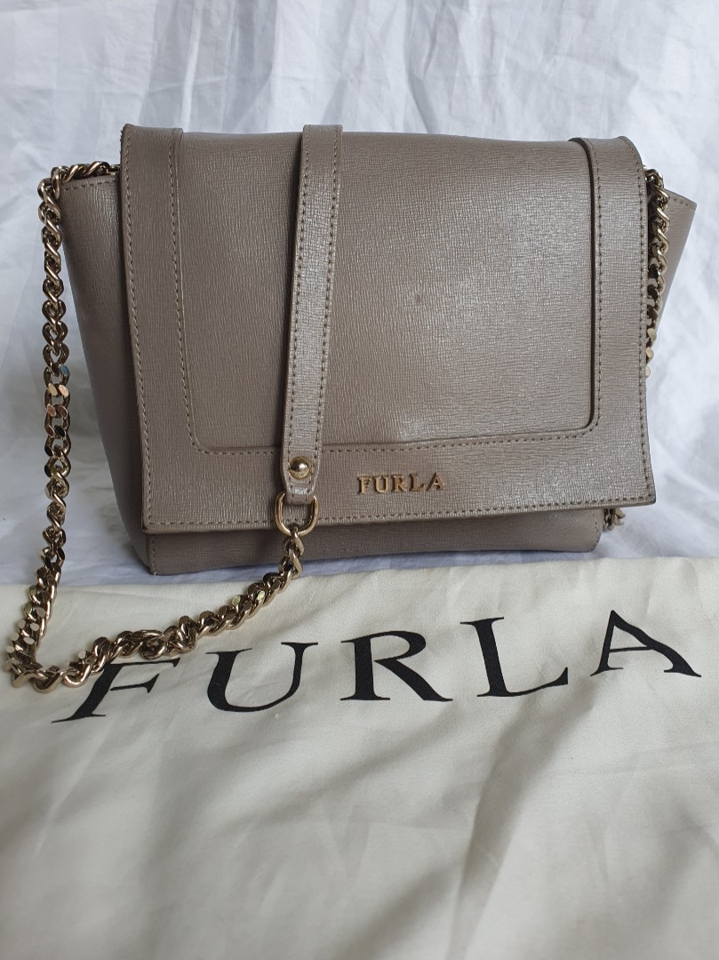 Furla Ginevra Mini Flap Saffiano Leather Crossbody Bag Taupe Chain ...