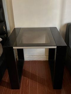glass table top / wood bedside table