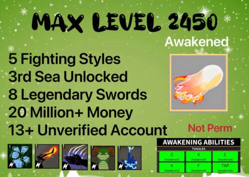 Blox Fruit Account Lv:2450Max, Awaken Dough, GodHuman, Hallow scythe, Soul Guitar, Unverified Account