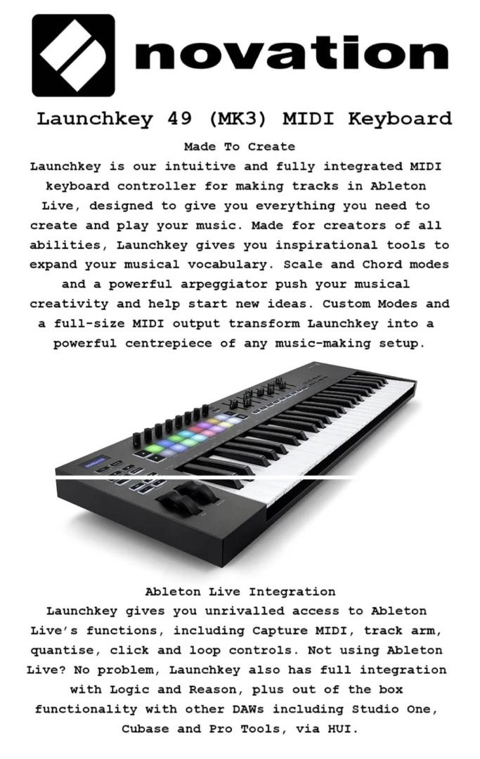 Novation Launchkey 49(MK3) MIDI keyboard (Category: Musical Instruments) located in Manila. Submitted by music_to_my_ears (Listing ID 1232124487, Image 3). Description: Bought brand new in July 2021. Lightly used. No box. RFS: Upgrade.