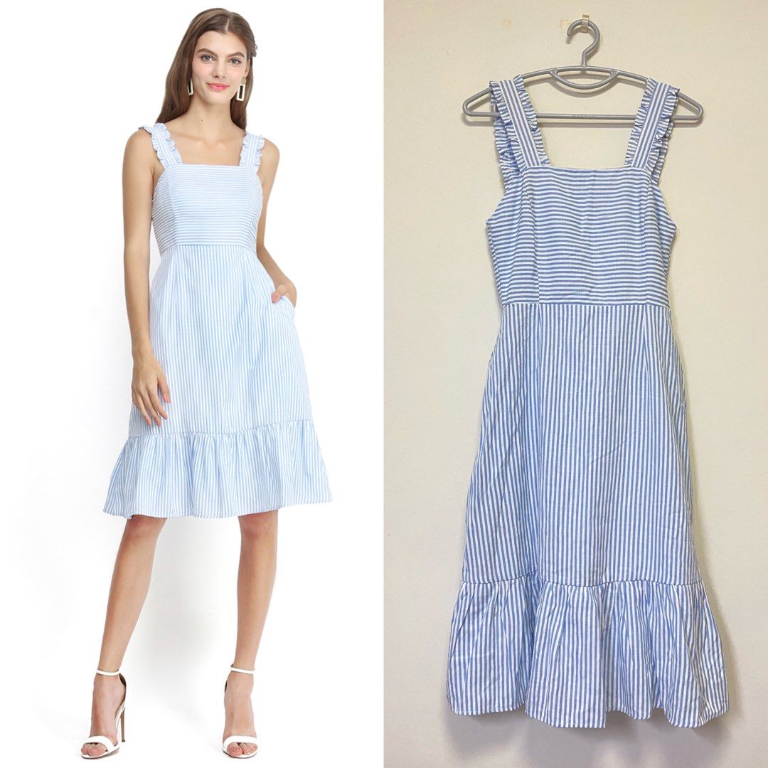 (S) Ruffles Straps Striped Midi Dress in Blue X White, Women's Fashion