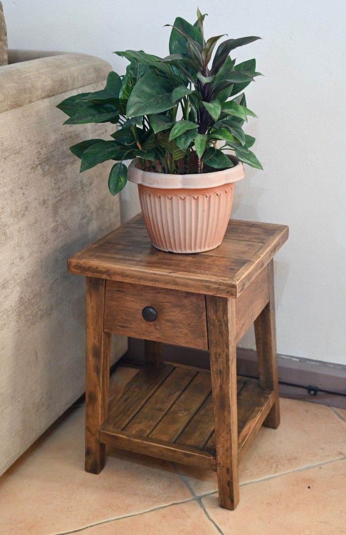 Side, stand table, rustic, vintage inspired, recycled wood. (Category: Tables & Sets) located in Manila. Submitted by herich65 (Listing ID 1232018748, Image 1). Description: A unique accent side table with a drawer using a solid metal handle, can be used as a planter, bedside table, or a stool! Made from recycled wood with natural finish using quality furniture wax. Measurements:32x32x46cm.