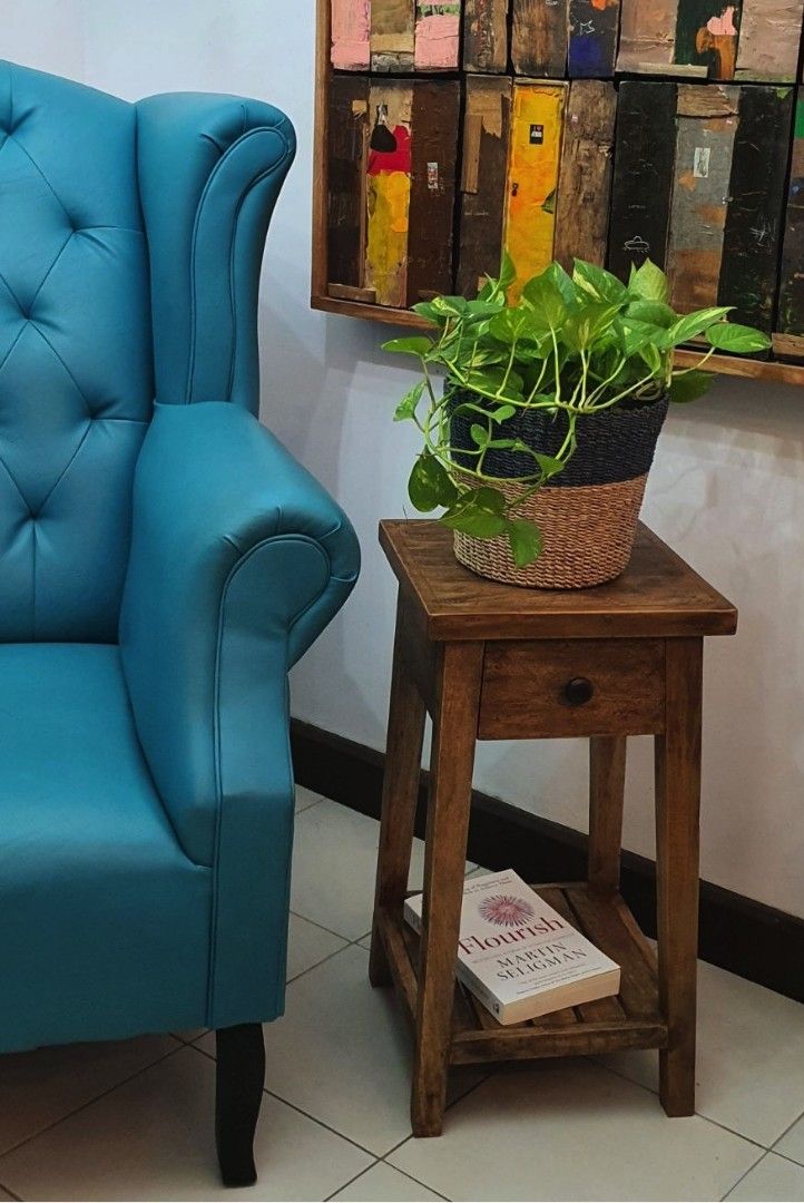 Side, stand table, rustic, vintage inspired, recycled wood. (Category: Tables & Sets) located in Manila. Submitted by herich65 (Listing ID 1232020730, Image 3). Description: A unique accent side table with a drawer using solid metal handle. Made from recycled wood,solid 4x4cm legs, original design, multiple use as a planter, bedside table, telephone with internet modem on the lower shelf... Measurements:32x32x60cm.