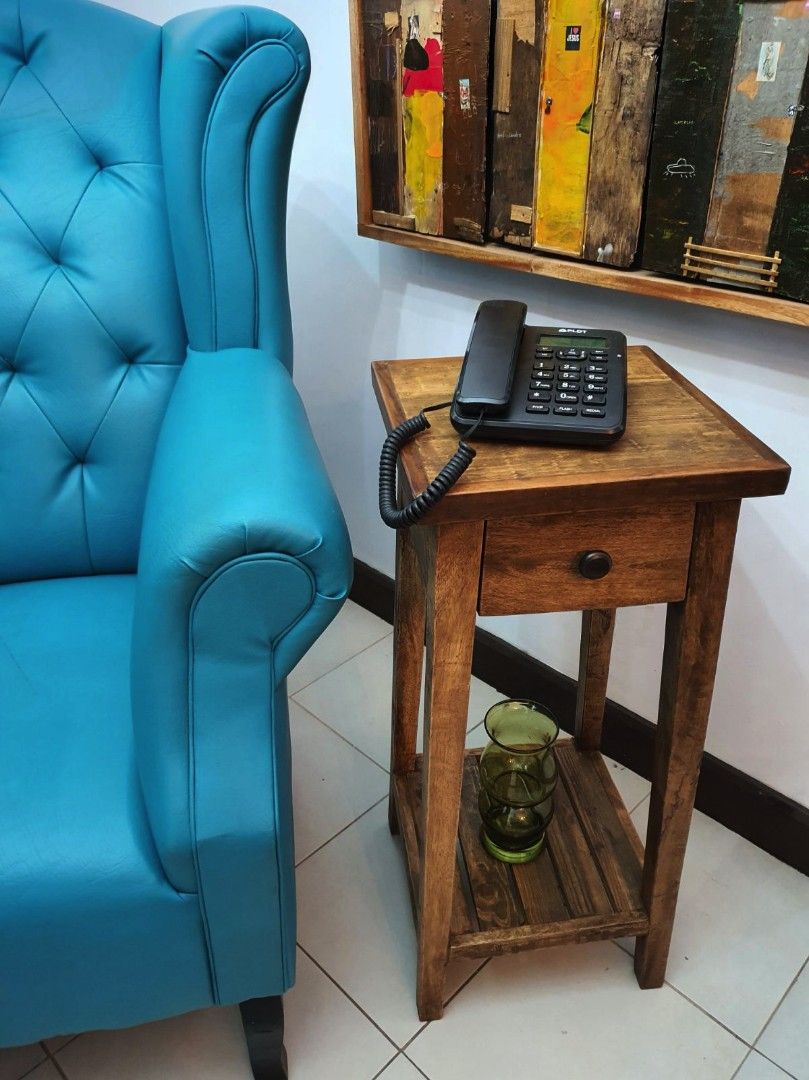 Side/stand table, rustic, vintage inspired, recycled wood. (Category: Tables & Sets) located in Manila. Submitted by herich65 (Listing ID 1232022686, Image 3). Description: A unique accent side table for your indoor plant, telephone or for a lamp shade by your bedside,with a drawer using solid metal handle. Made from recycled wood,4x4cm solid legs with an original design, distress natural finish using quality furniture wax. Measurements: 32x32x75