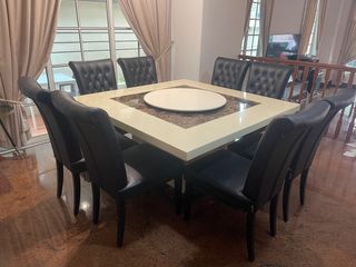 Square dining table in marble with lazy Susan and 8 chairs