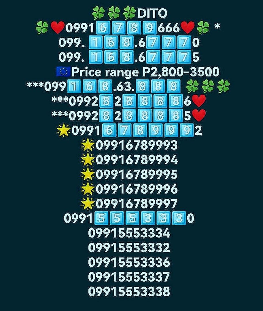 Vanity sim special number (Category: Sim Cards) located in Manila. Submitted by seligrac (Listing ID 1232129782, Image 2). Description: ptpa. Brand new - DITO SIM new 3rd Telco in Ph. BEST for Billboards- Business Card 💢💢💢NOT under smart not under Globe.💢💢💢 Price varies 500 to 3500 VIP Vanity 09916789666 - php 9,000 Exclusive for meet up only 🍀🍀🍀DM WHATSAPP: 099 32 71 8898 🍀ALL BRANDNEW with LOAD valid 15days🍀 🍁DITO TELCO is the only 