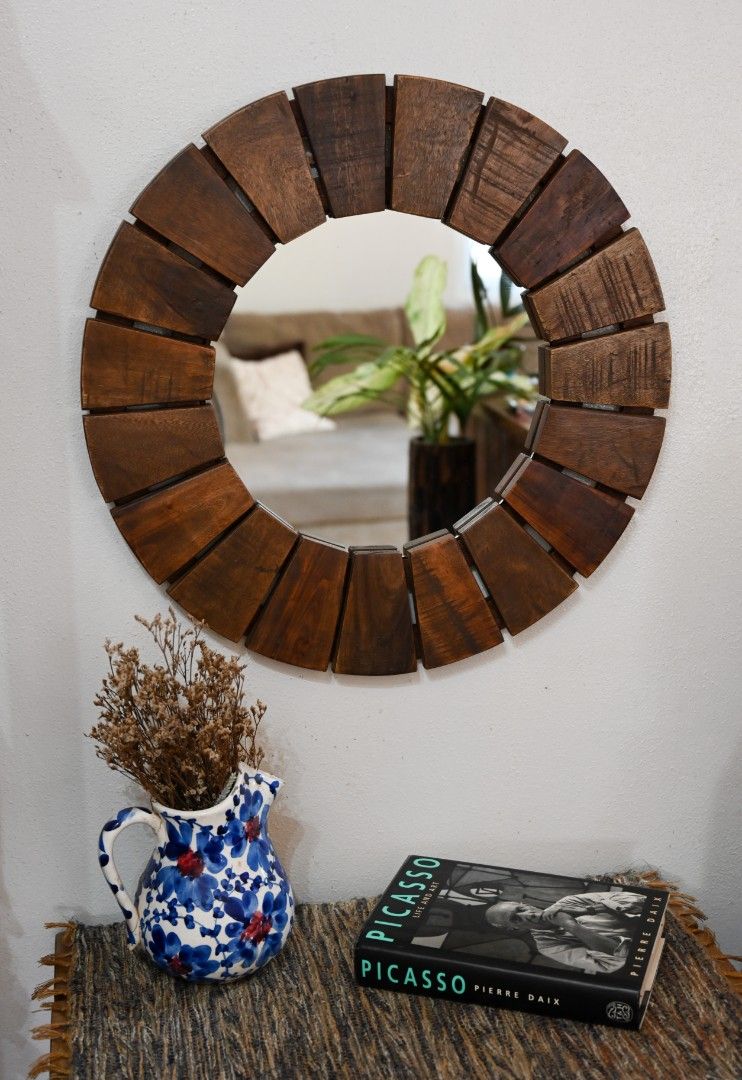 Wall mirror, rustic, vintage inspired, recycled wood. (Category: Mirrors) located in Manila. Submitted by herich65 (Listing ID 1232009969, Image 1). Description: Wall mirror made of solid recycled wood, an original design that will add style to your interior. Natural finish using quality furniture wax. Measurements 53cm diameter..
