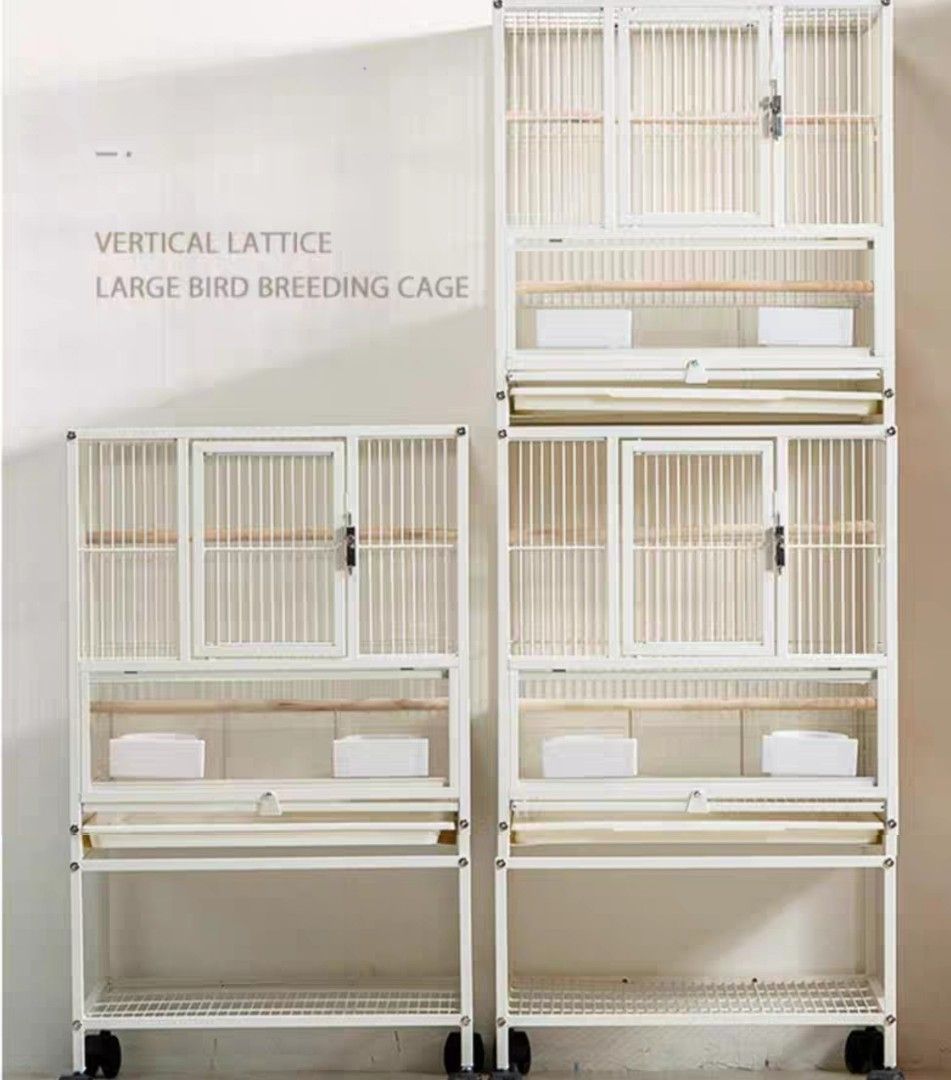 View of White Parrot Cage with bottom shelving and side panel to prevent food ...