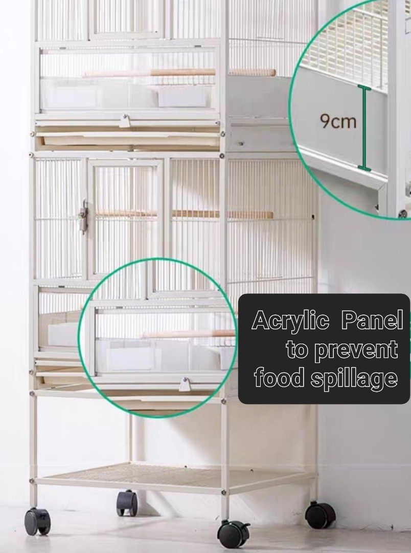 White Parrot Cage with bottom shelving and side panel to prevent food ... - Parrot Cage Shelving Units
