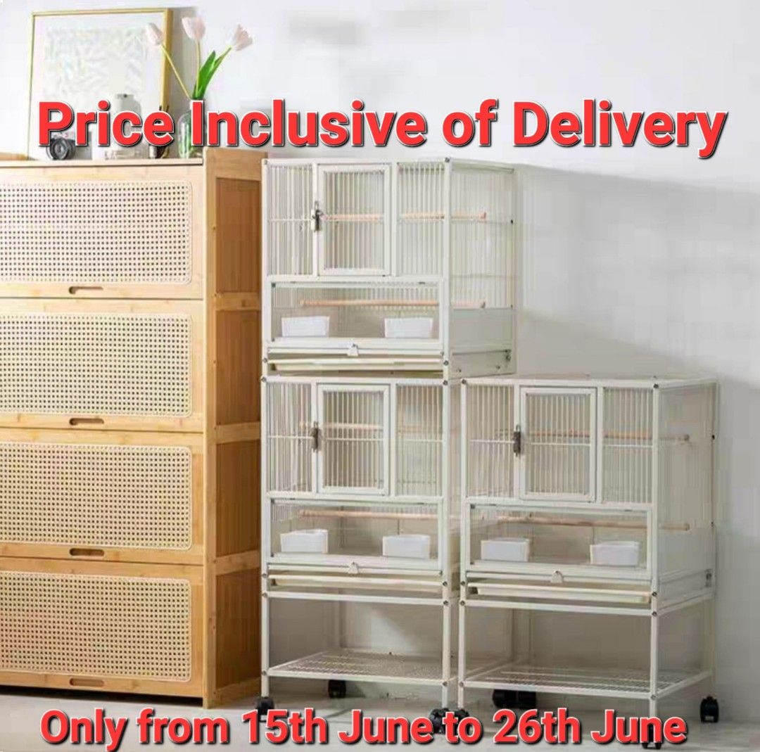 White Parrot Cage with bottom shelving and side panel to prevent food ... - Parrot Cage Shelving Units