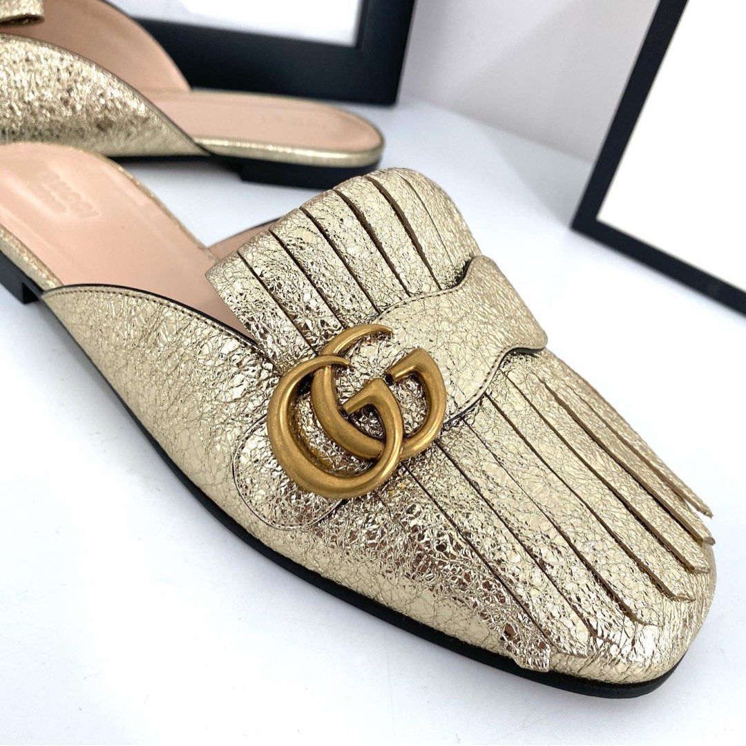 Authentic Gucci Gold Metallic Laminate Fringe Loafer Mules
