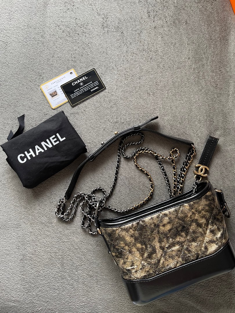 CHANEL Gabrielle Metallic Crumpled Leather Hobo Shoulder Bag Black/Gol