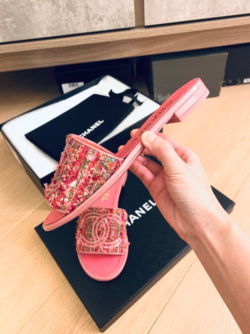 Chanel pink CC tweed mules sandals CC size 36.5