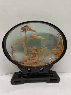 Chinese Asian Carved Cork Art Scene Sculpture Glass Diorama Oval Vintage Birds Home Decor Display