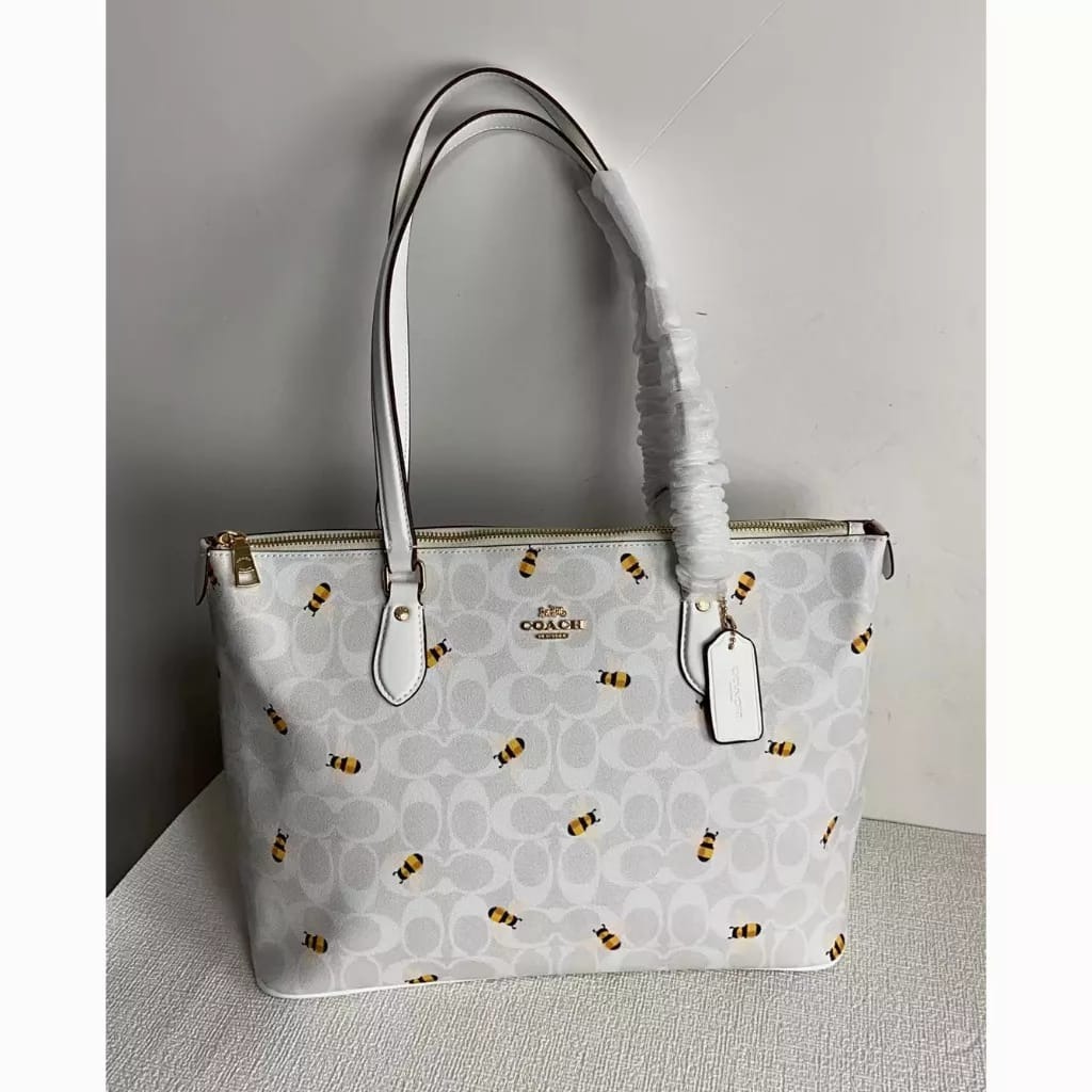 Coach Gallery Tote In Signature Canvas With Bee Print Women Shopping Shoulder Bag