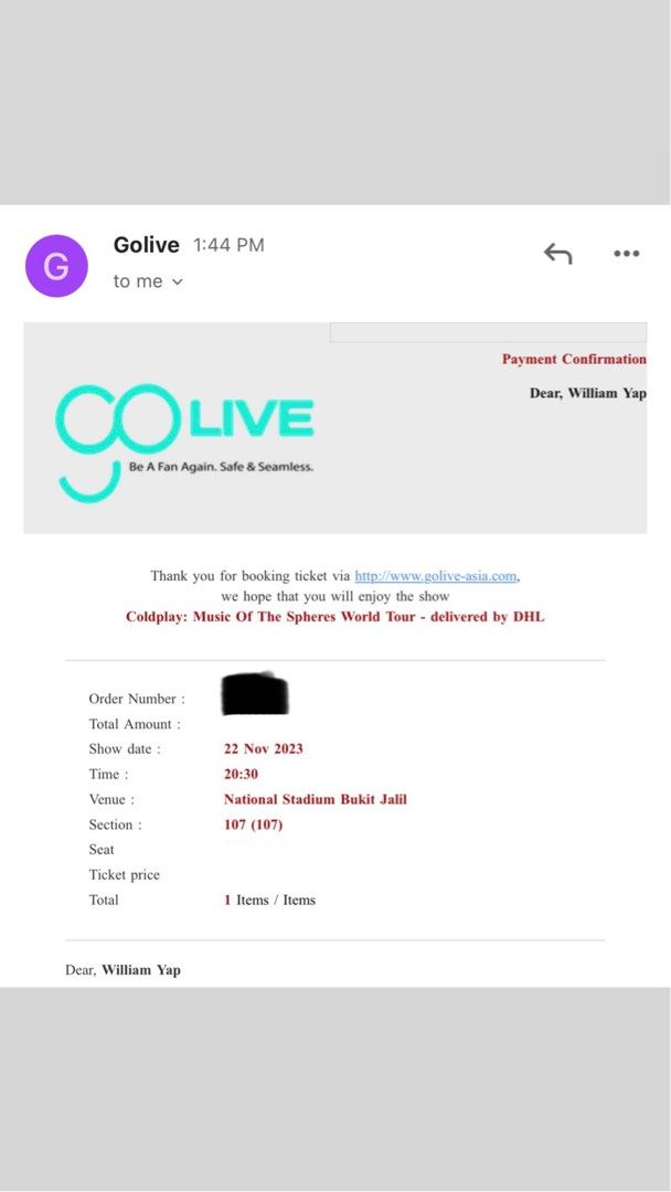 Coldplay KL Live ticket, Tickets & Vouchers, Event Tickets