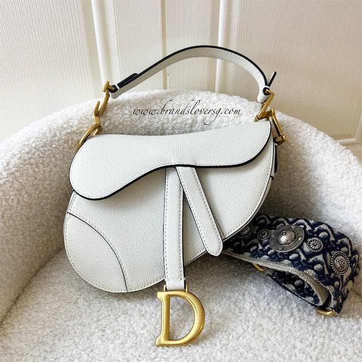 ✖️SOLD✖️ Dior Mini Saddle Bag In White Grained Calfskin GHW + Strap