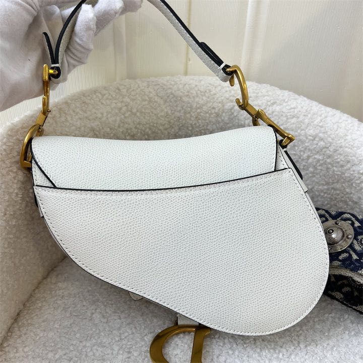 CHRISTIAN DIOR Grained Calfskin Mini Saddle Bag With Strap White 1295410