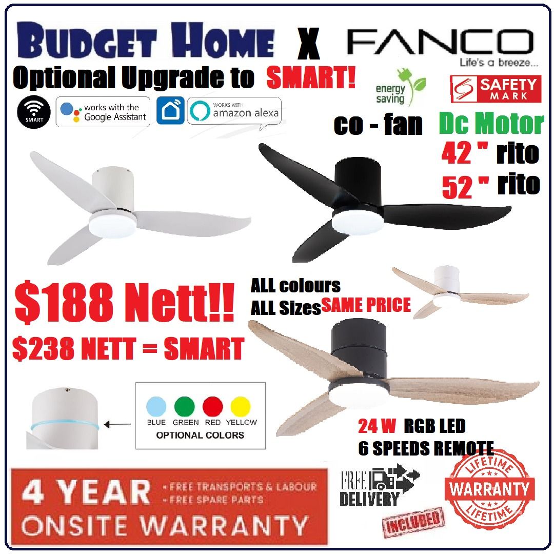 Fanco Smart Dc ceiling fan // Hugger ceiling fan Rito 3, Furniture
