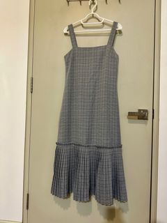 Grey Houndstooth Gingham Pleated Skirt Sleeveless Midi Dress Size S/M