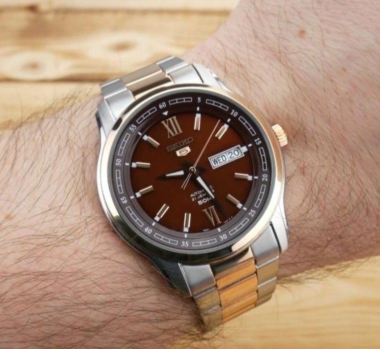JAPAN MADE Seiko 5 SNKP18 Men s Automatic Brown Dial Two Tone Stainless Steel Watch snkp18 snkp18j snkp18j1 Birthday gift birthday seiko BRAND NEW