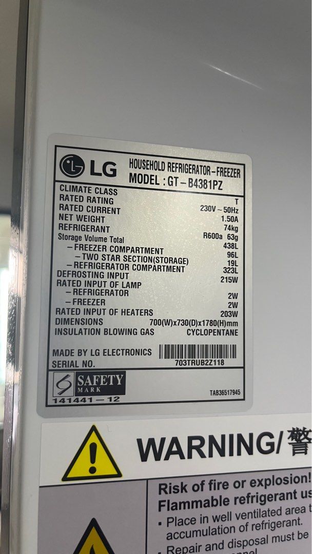 LG Top Freezer Refrigerator GTB4387PZ, TV & Home Appliances, Kitchen