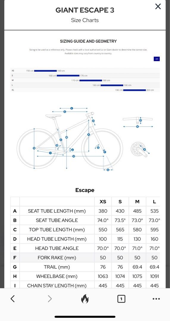 Giant escape hotsell 3 size chart