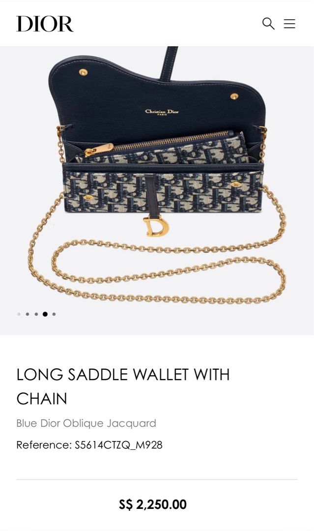 Long Saddle Wallet with Chain Blue Dior Oblique Jacquard