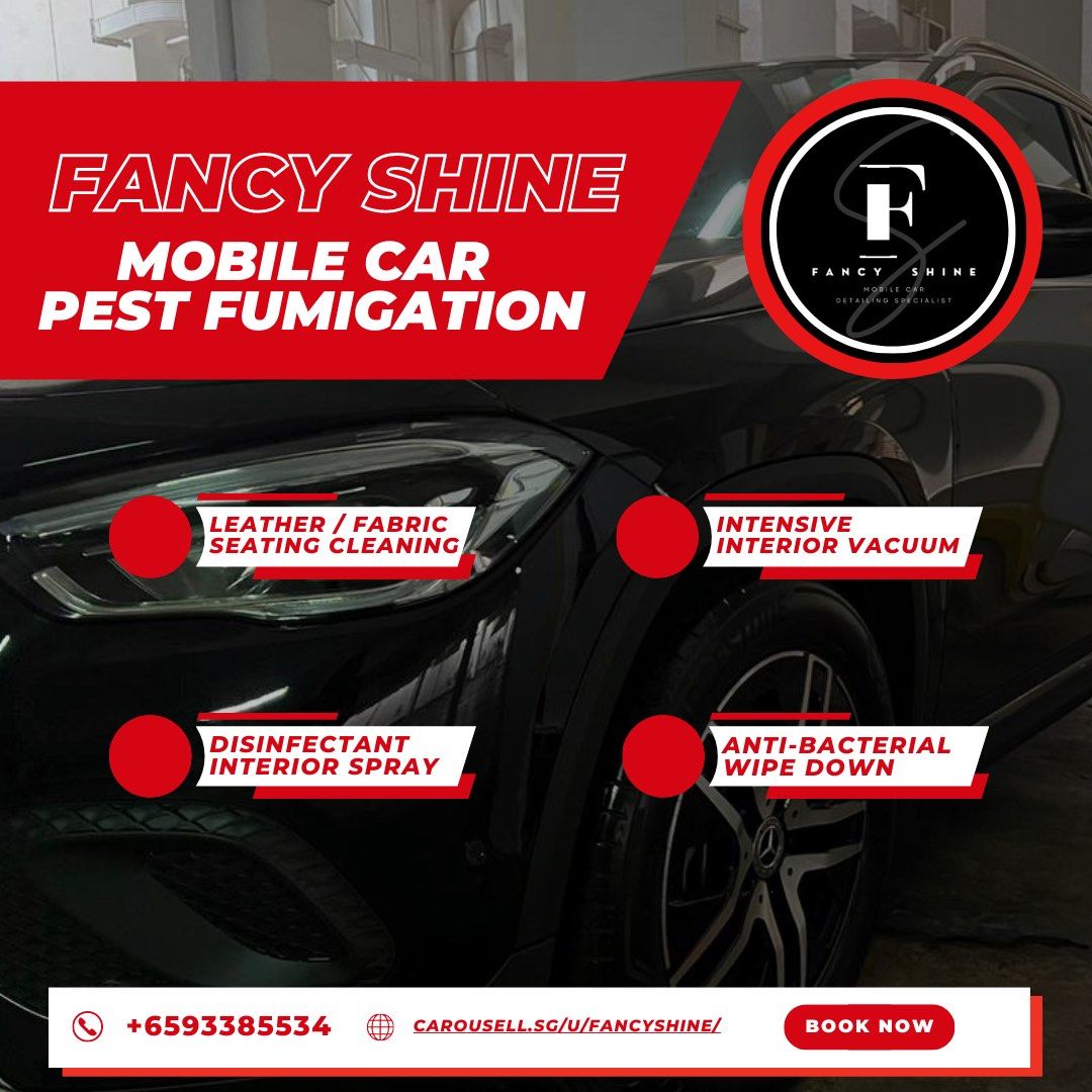 Mobile Car Pest Fumigation (Category: Car Workshops & Services) located in Singapore. Submitted by fancyshine (Listing ID 1231953991, Image 1). Description: ✔️Pest Fumigation ✔️Intensive Interior Vacuum ✔️Anti-Bacterial Wipe Down ✔️Leather / Fabric Seat Cleaning ✔️Disinfectant Interior Spray tags - ignore mobile car detailing mobile car groomer car detailing car detailing specialist car coating car polishing car waxing car spa car window polishin
