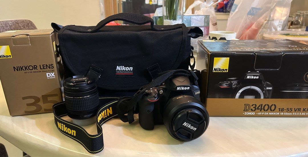Nikon D3400 full set AF-S DX Nikon 35mm f1.8G, Photography, Cameras on  Carousell