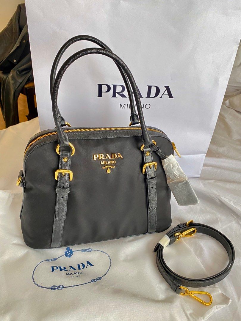 Prada Womens Tessuto Nylon Saffiano Leather Black Handbag 1BB013