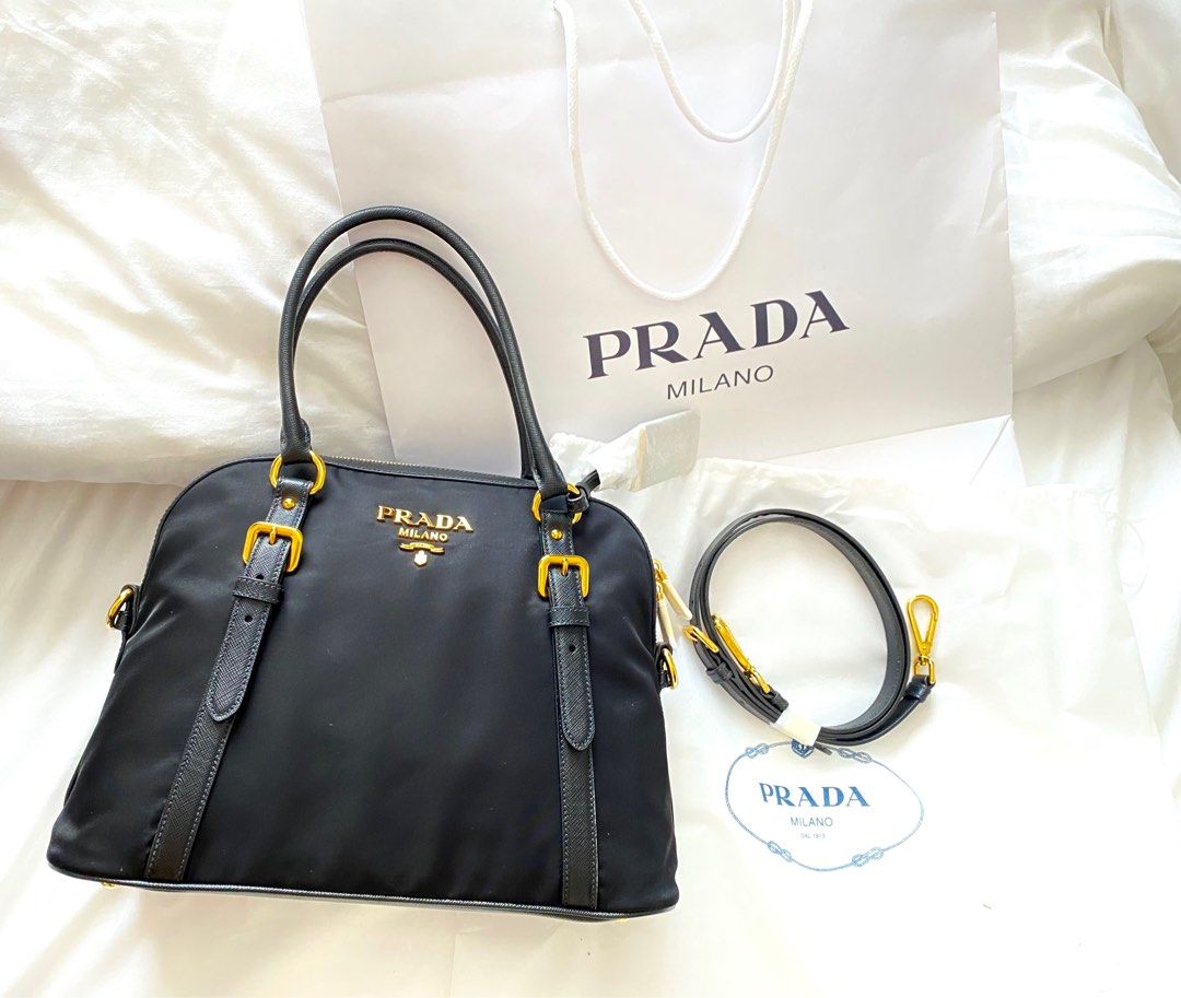 Prada Womens Tessuto Nylon Saffiano Leather Black Handbag 1BB013