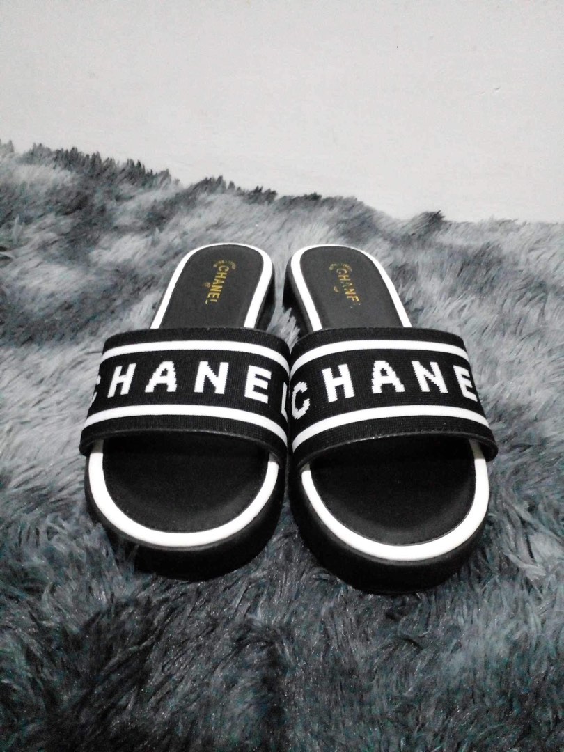 Chanel black and cheap white slides