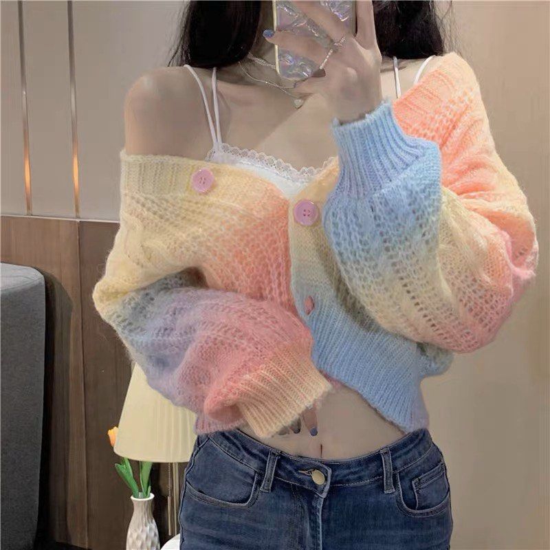 Rainbow knitted sweater cardigan Women s Fashion Coats Jackets