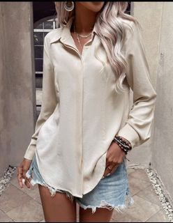 SHEIN Solid Curved Hem Button Through Long Sleeve Shirt (Apricot)