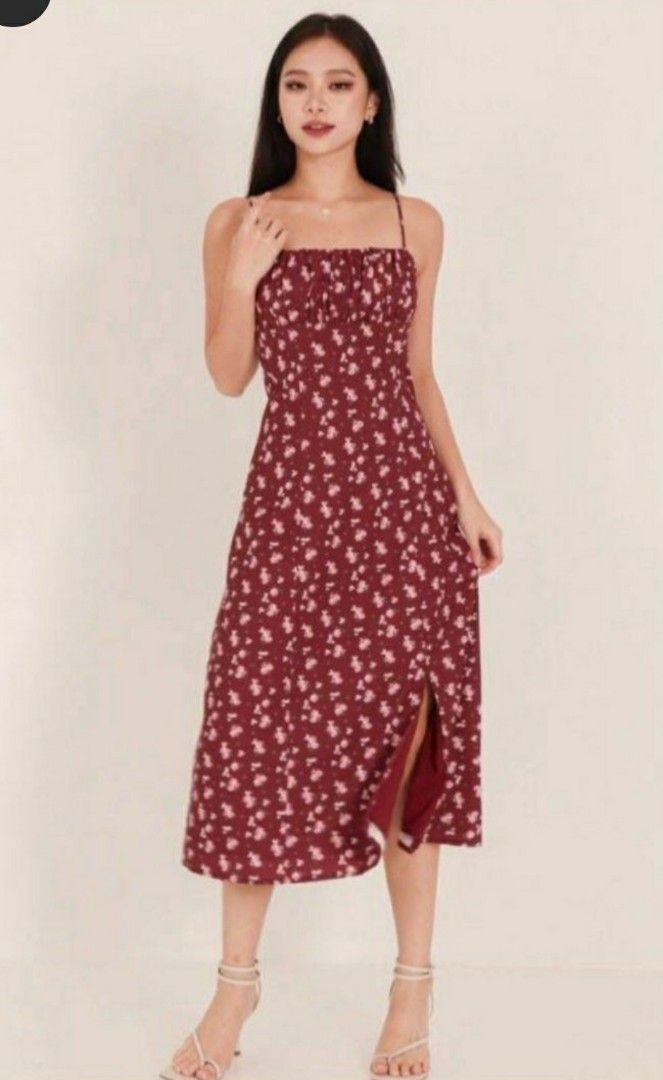 The Style Soiree Vera Ruched Floral Midi Dress, Women's Fashion