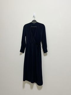 UNIQLO 嫘縈長袖長洋裝M/ 深藍色 V領 素面 一片式 外套 罩衫