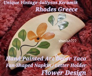Unique Vintage -Iallysos Keramik Rhodes Greece Hand Painted Art Decor Taco Fan-Shaped Napkin / Letter Holder Flower Design