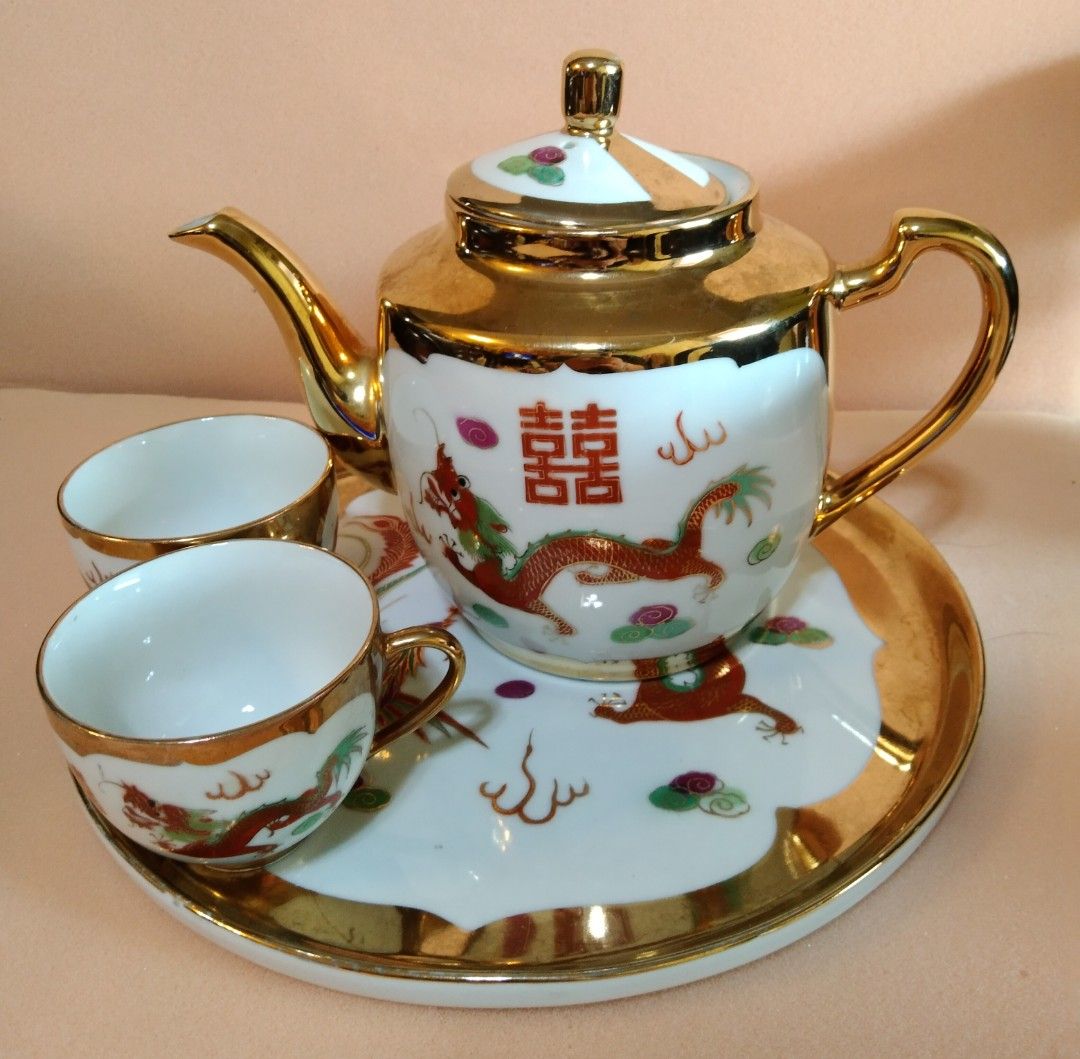 Vintage Chinese Wedding Teapot Set Gold Dragon And Phoenix, Hobbies