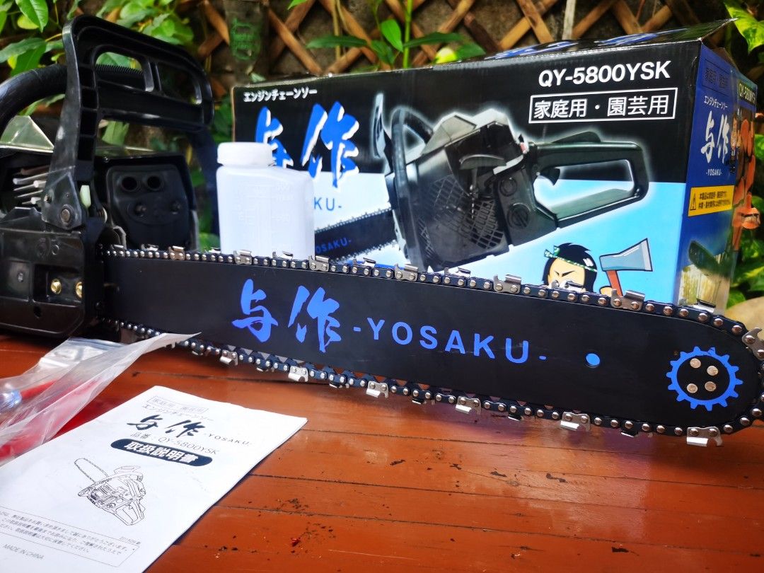 Yosaku Japan chainsaw (Category: Construction Tools & Equipment) located in Malolos. Submitted by axe23 (Listing ID 1232233164, Image 3). Description: Yosaku chainsaw Japan brand 58cc 2t engine 6.5kg weight .55l gasoline .26l chainoil 50cm blade diameter Brand new Complete accessories Actual photo posted Item tested and working properly.