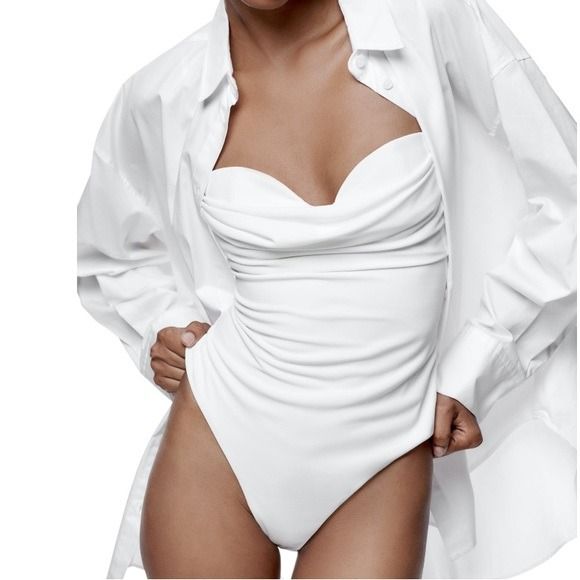 ZARA DRAPED BODYSUIT WHITE, Women's Fashion, Tops, Sleeveless on Carousell