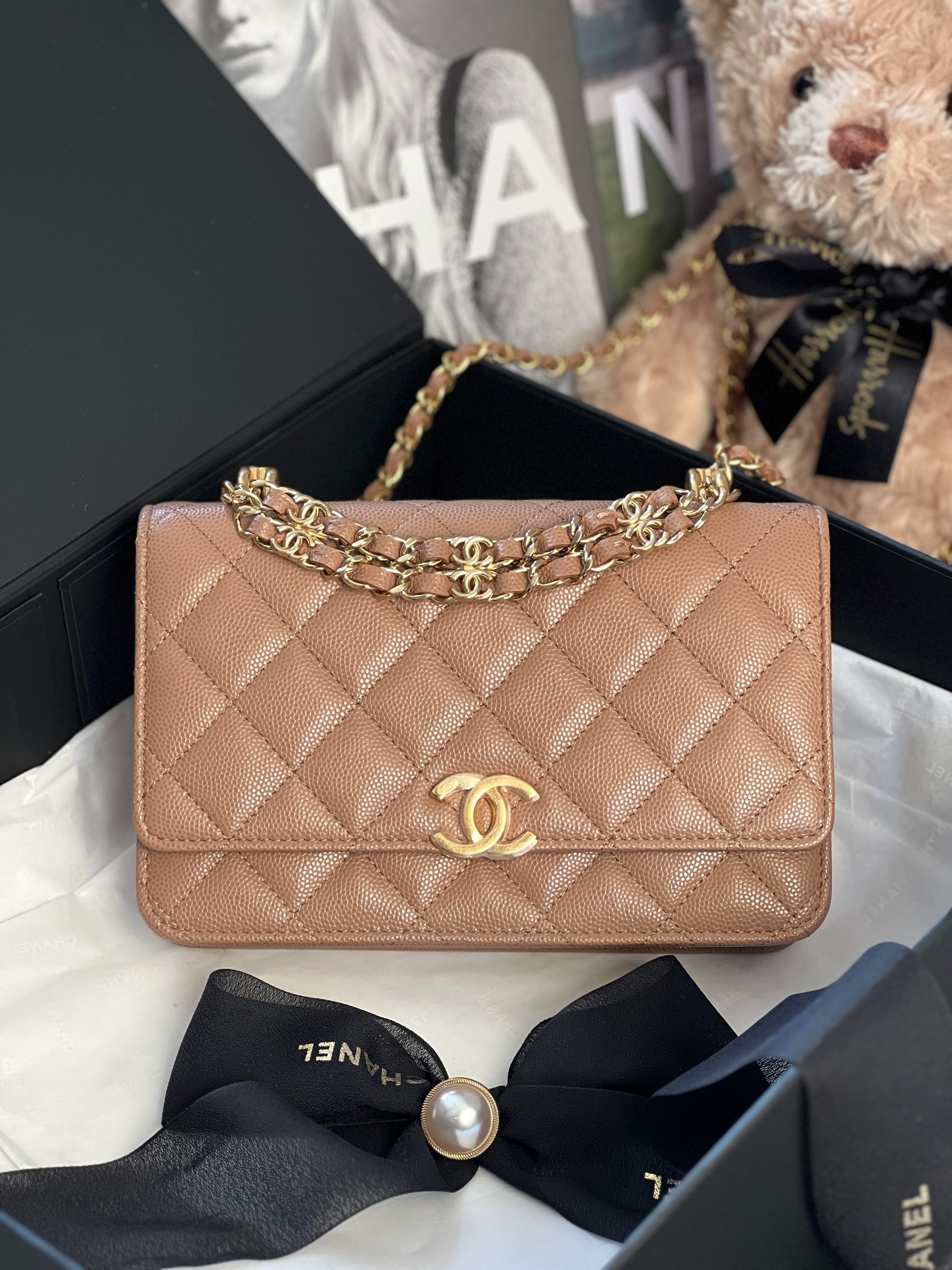 Chanel Wallet with Phone Pouch Clutch with Chain in Black Caviar