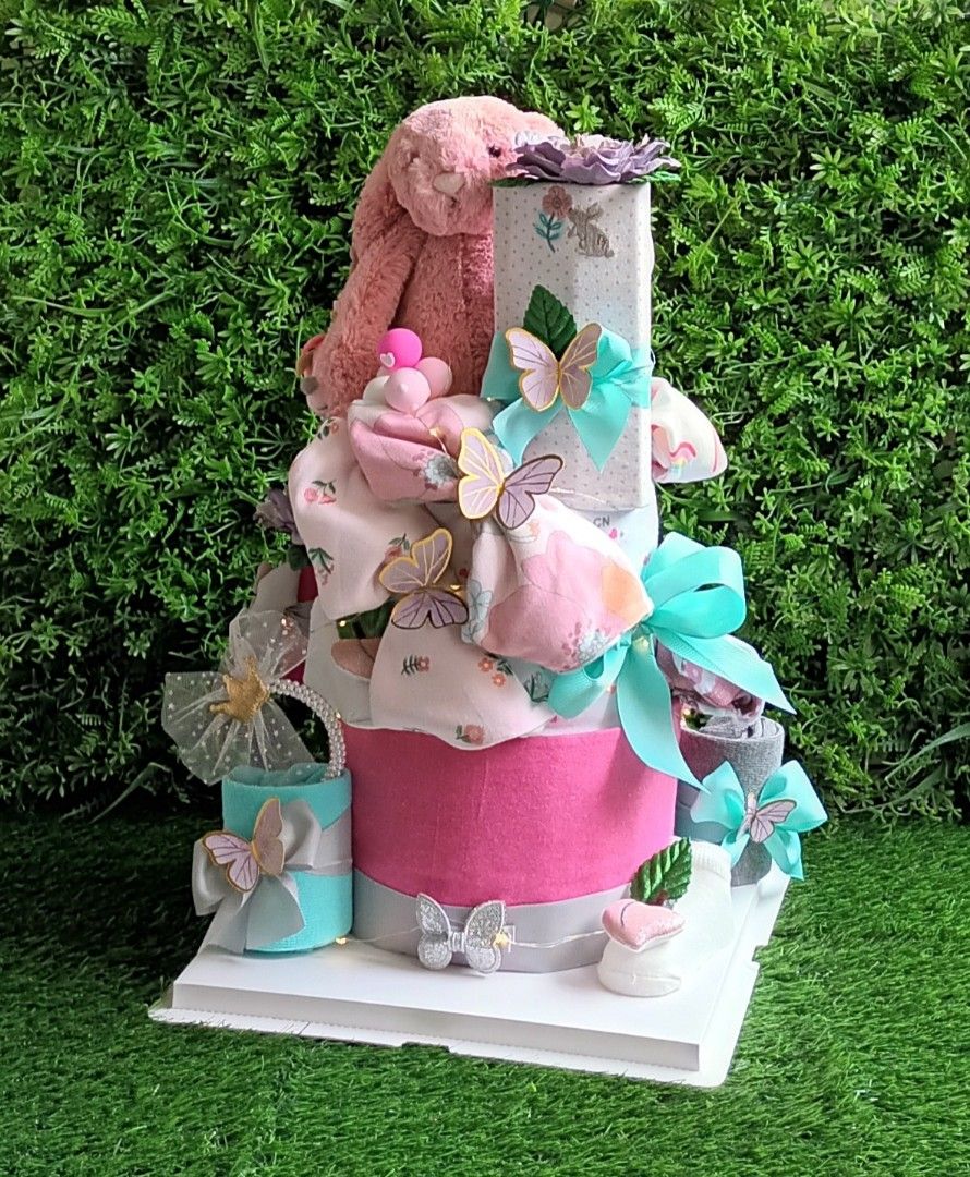 2 tier Jellycat diaper cake / baby girl diaper cake / baby hampers