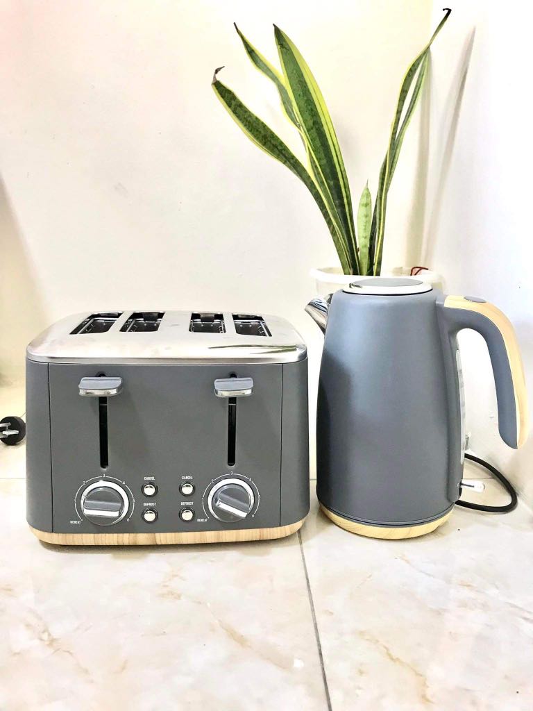 Branded Breakfast Duo Set Kettle and 4 Slice Toaster Gray with Wood Trim Design on Carousell