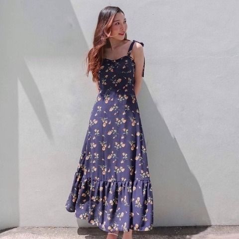 Floral Printed Ribbon Tie Spag Midi Dress, Women's Fashion, Dresses & Sets,  Dresses on Carousell