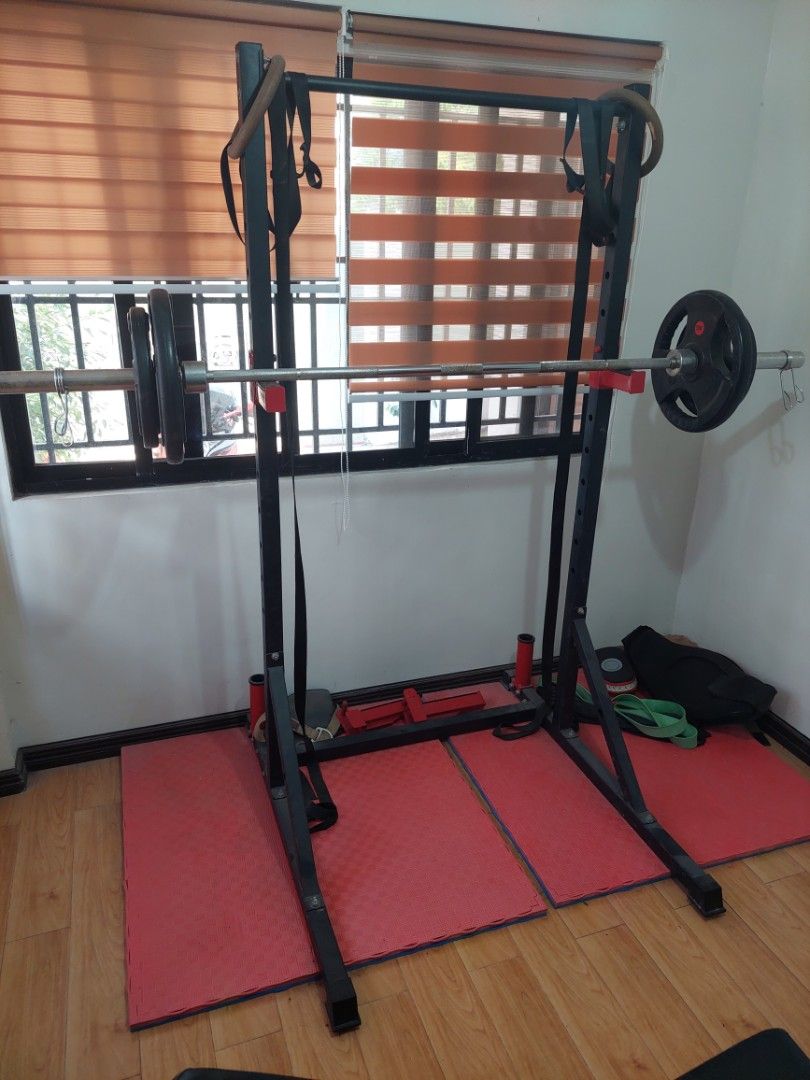 Functional squat/bench rack and barbell for sale on Carousell