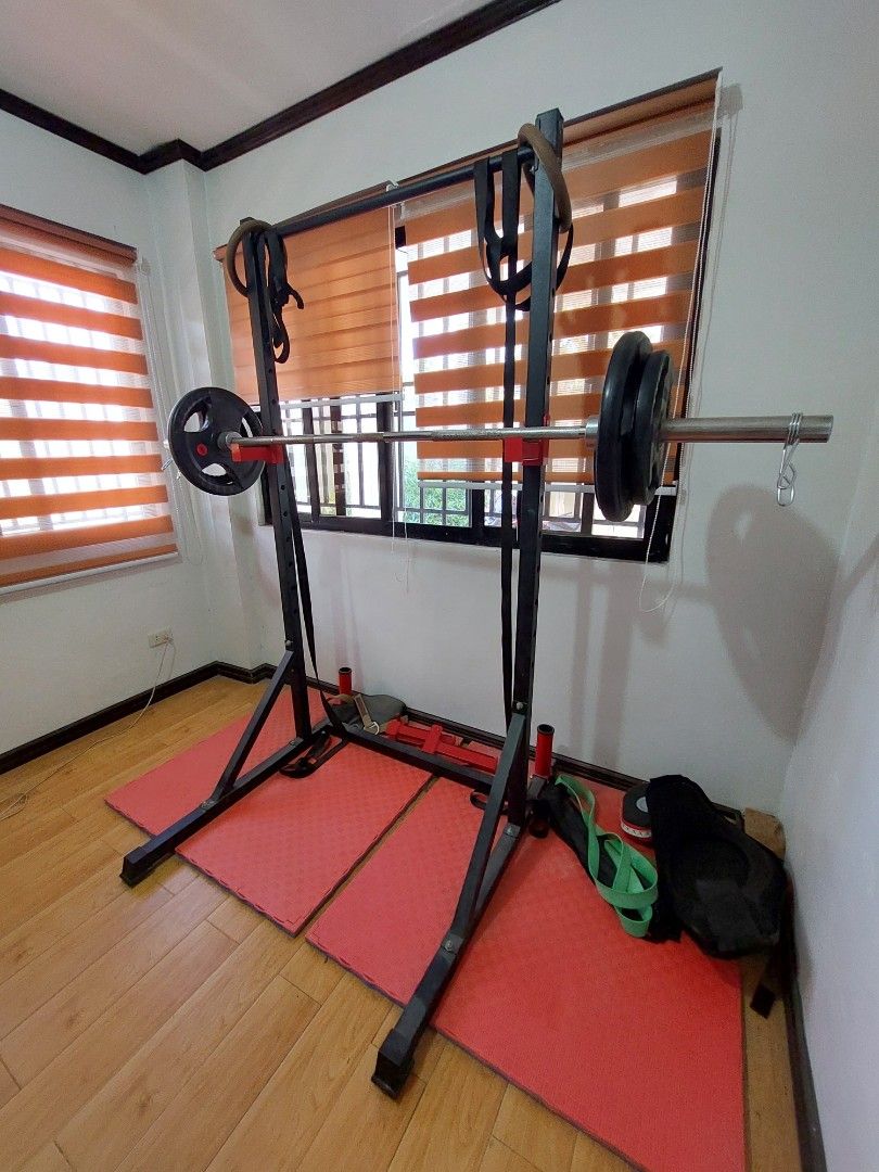 Functional squat/bench rack and barbell for sale on Carousell