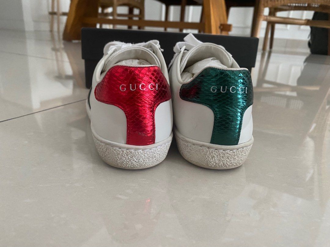 Gucci Ace Faux Watersnake Trimmed Embroidered Leather Sneakers